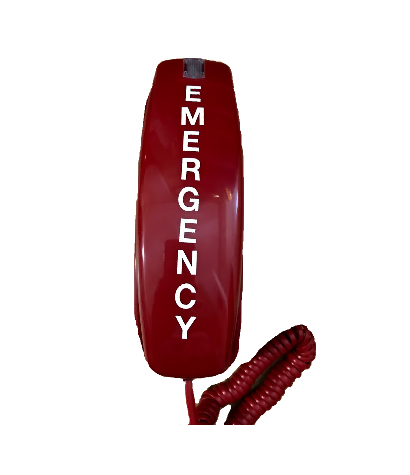 Teléfono de pared o escritorio de emergencia (marcador de línea directa descolgado) de estilo recortado, rojo